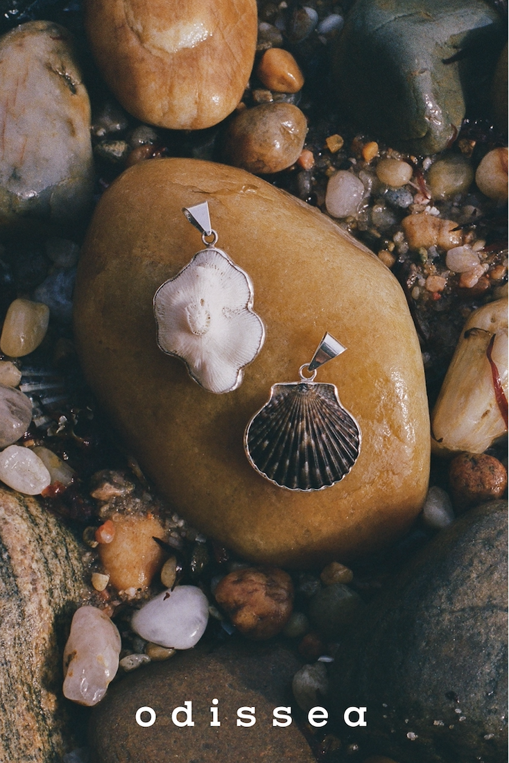 Two images side by side; one with seashells on stones and 'odissea' branding, the other with a person standing on a beach with a horse and 'Zih Ropa' branding.